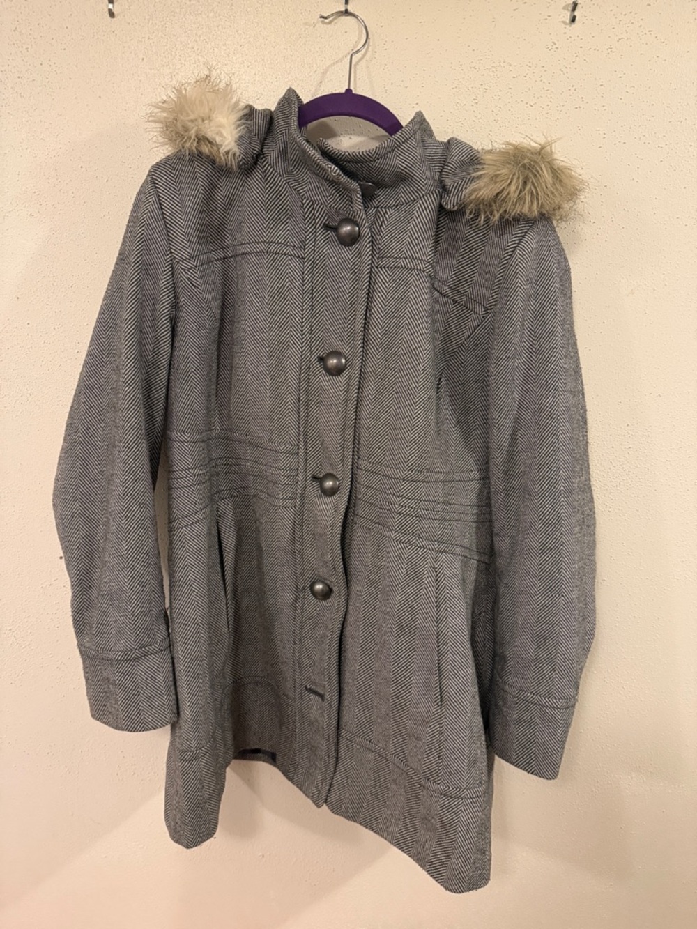 Esprit Gray Herringbone Wool-Blend Coat with Faux Fur Trim